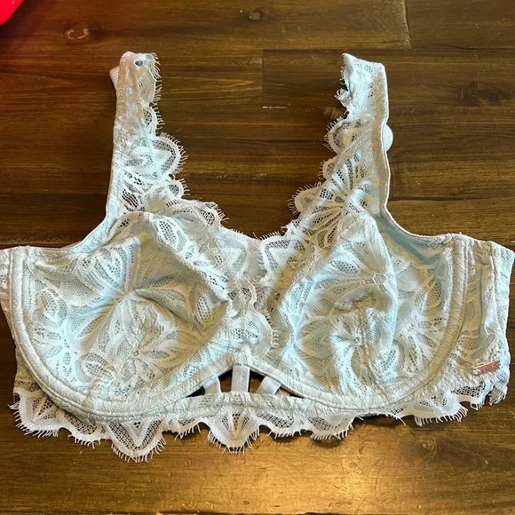 PINK Victoria's Secret Light Blue Lace Date Unlined Wired Bra Bralette M Sexy - Picture 1 of 4